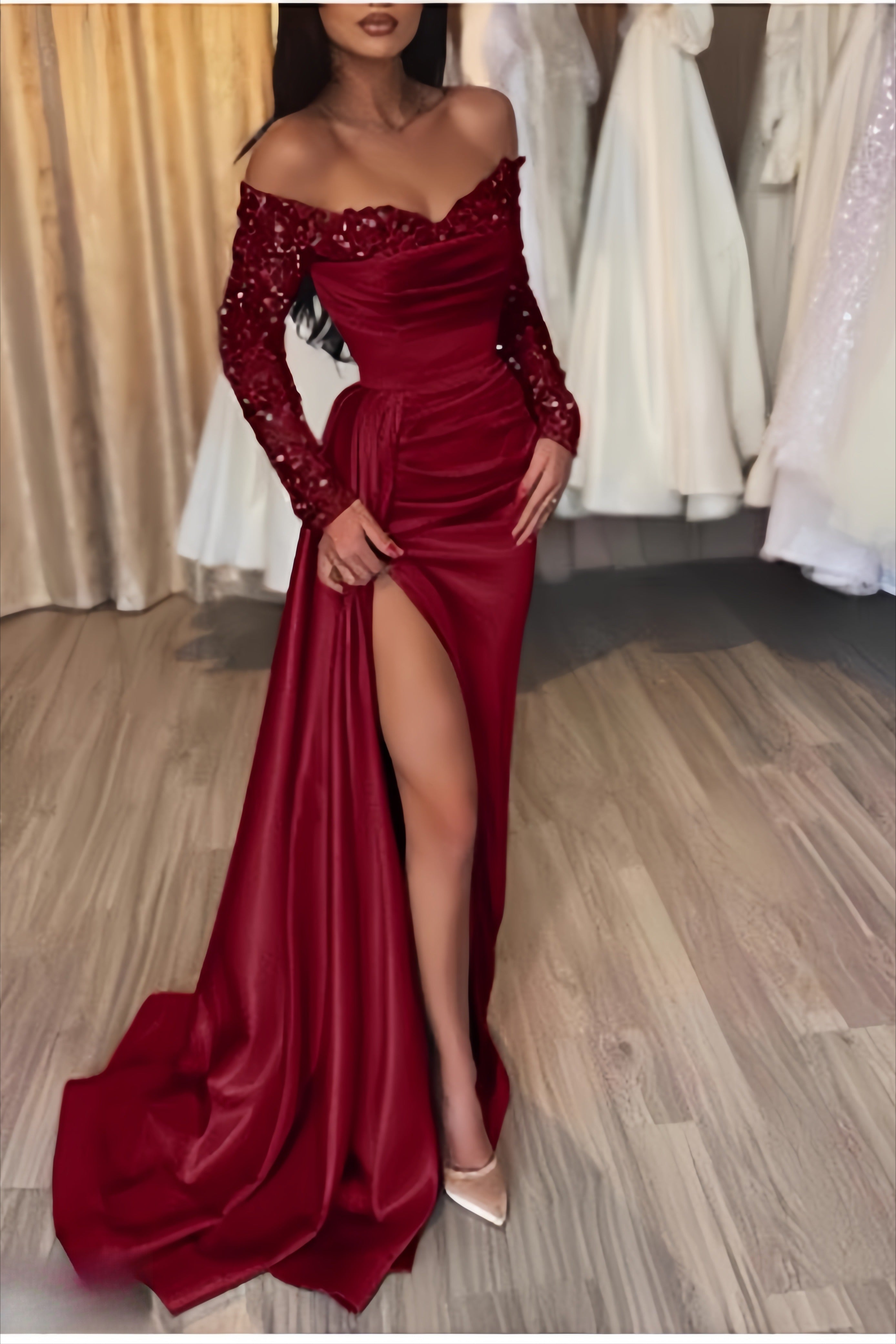 Long Sleeved Sequin Evening Gown Prom Dress