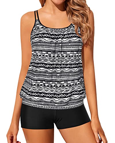 2 Piece Women Loose Blouson Tankini Tops Bathing Suits-Black soft grace