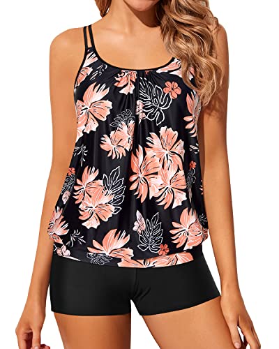 Adjustable Shoulder Straps Tankini Boyshort Swimsuits-Black Orange soft glow