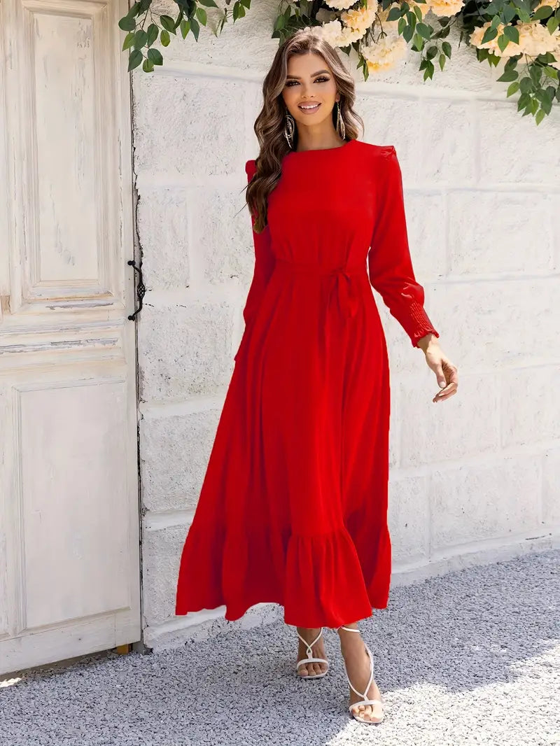 Elvia Minimalist Women's Belted and Flounced Maxi Dress Signature Edit