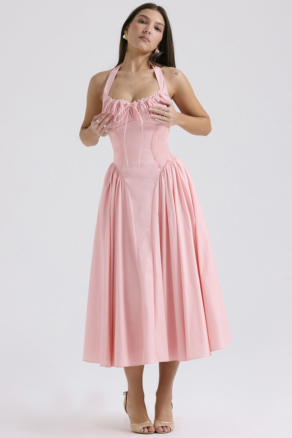 Flower Halter Lace Trim Long Sleeveless Prom Dress