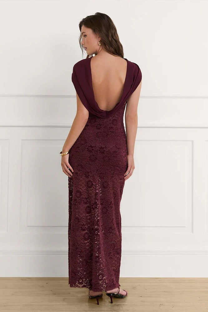 Graceful Scarf Neck Backless Lace Patchwork Bodycon Prom Dress