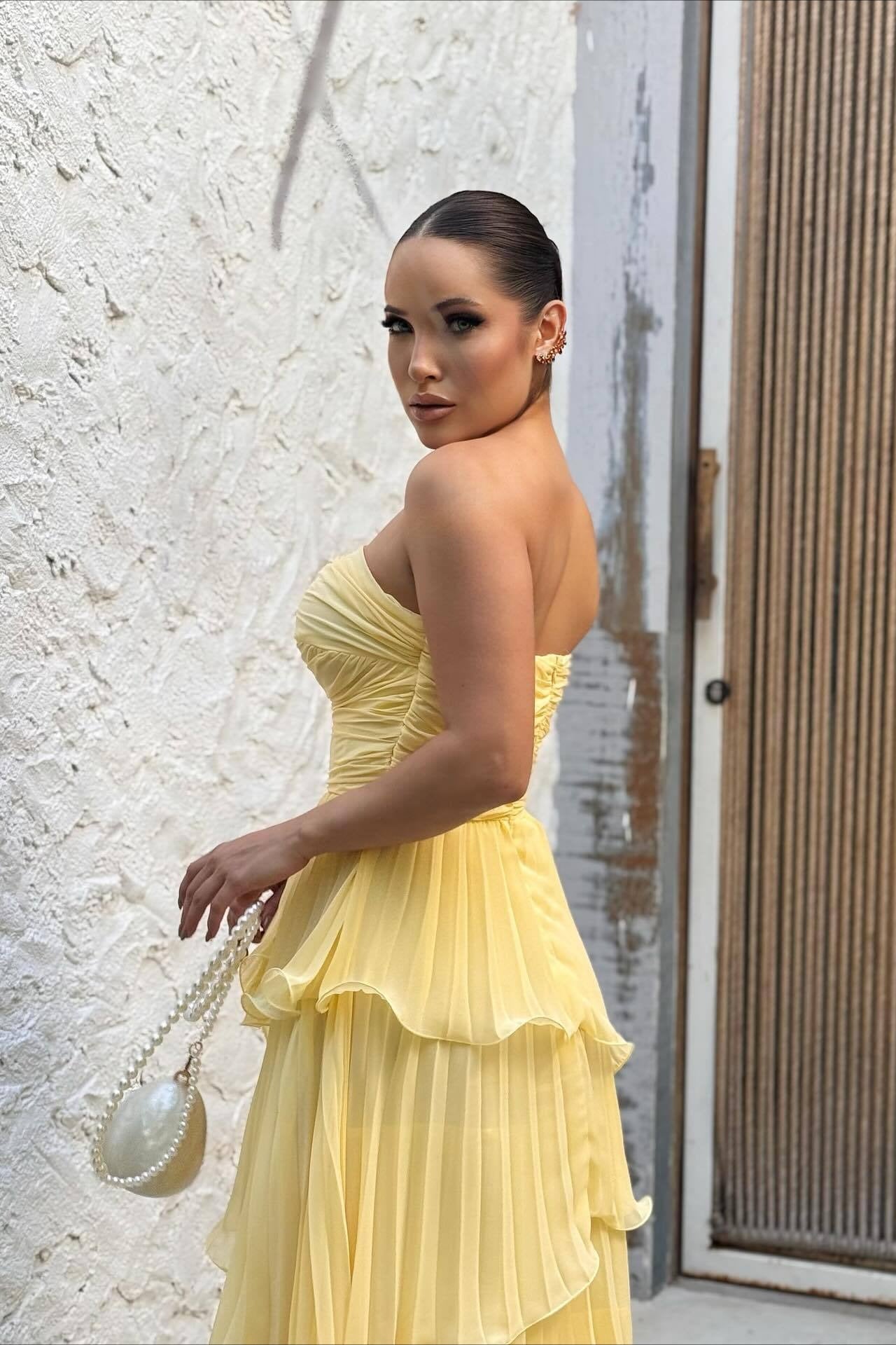 Solid Ruched Tiered Strapless Slim Fit Graceful Prom Dress