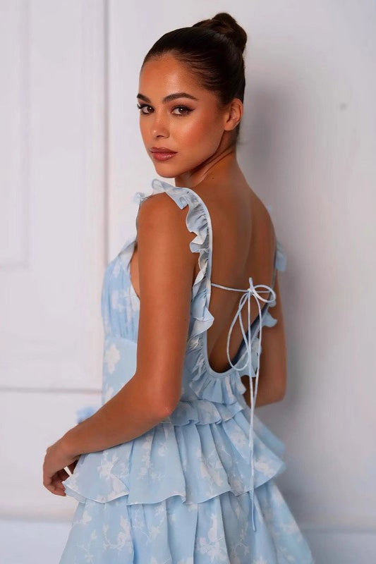 Flower Print Spaghetti Strap Romantic Prom Dress