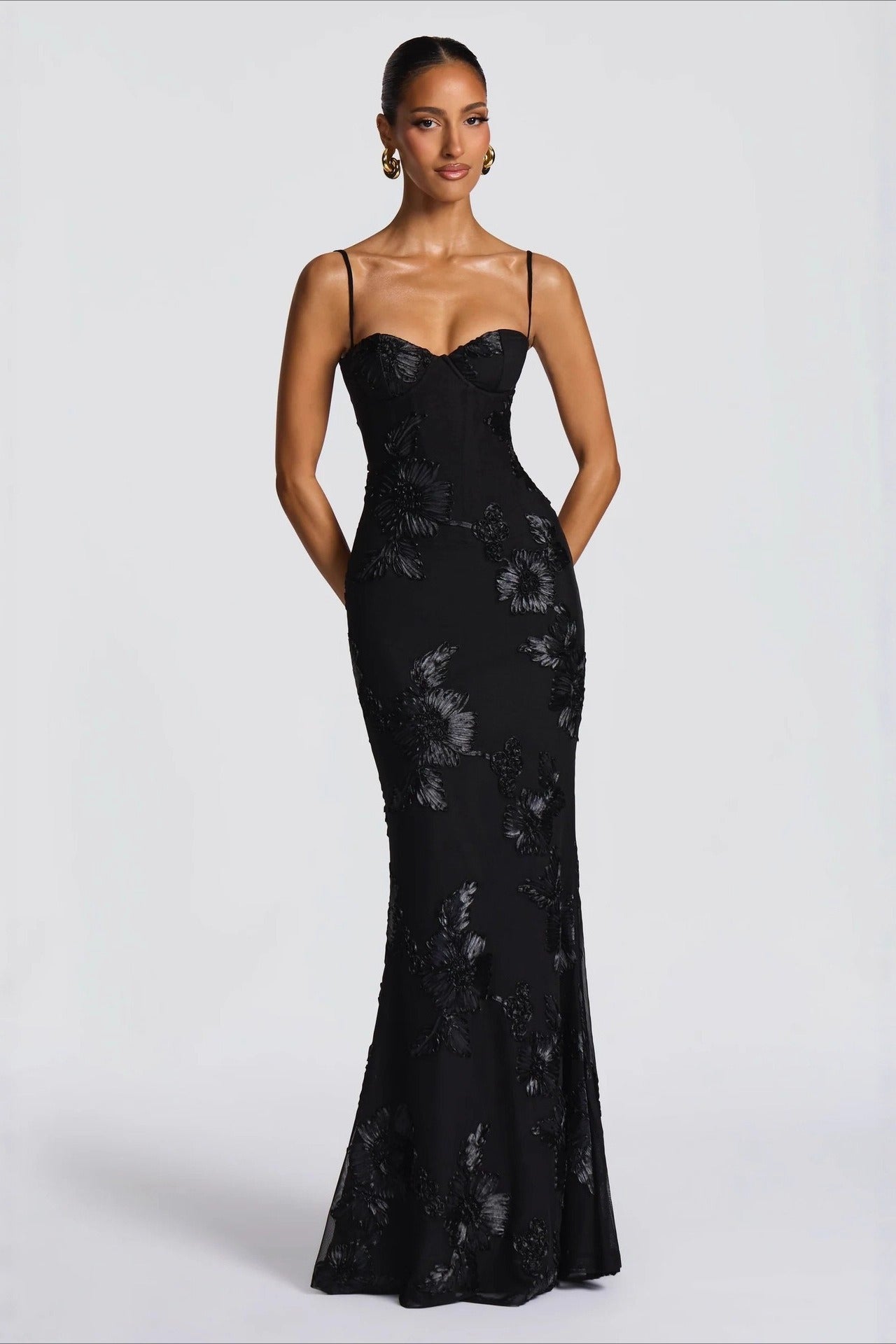 Flower Embellished Slip Gown Prom Dress
