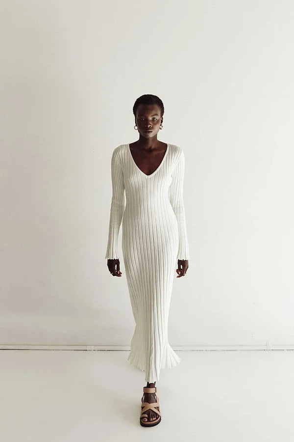 Elevated Luisa Knitted Midi Dress with V Neck and Sleeves Boutique Collection