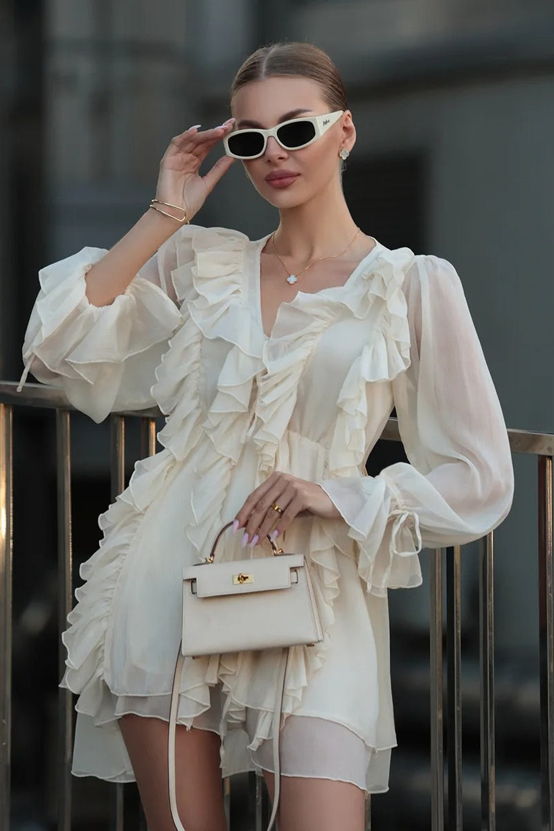 Ruffle Chiffon Tie Waist Mini Dress