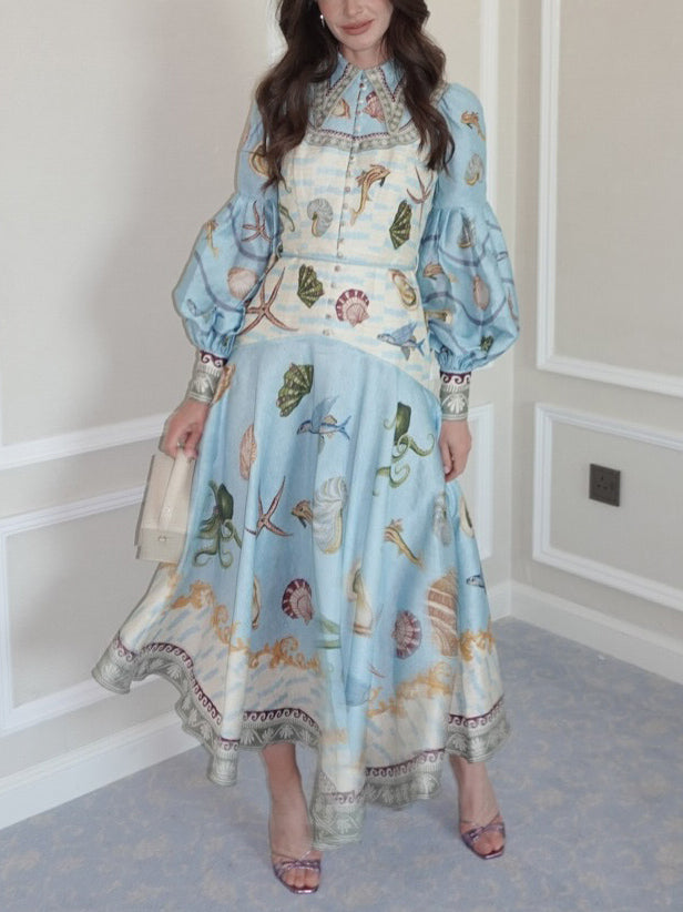 Unique Deep Sea Bloom Print Single Breasted Midi Dress