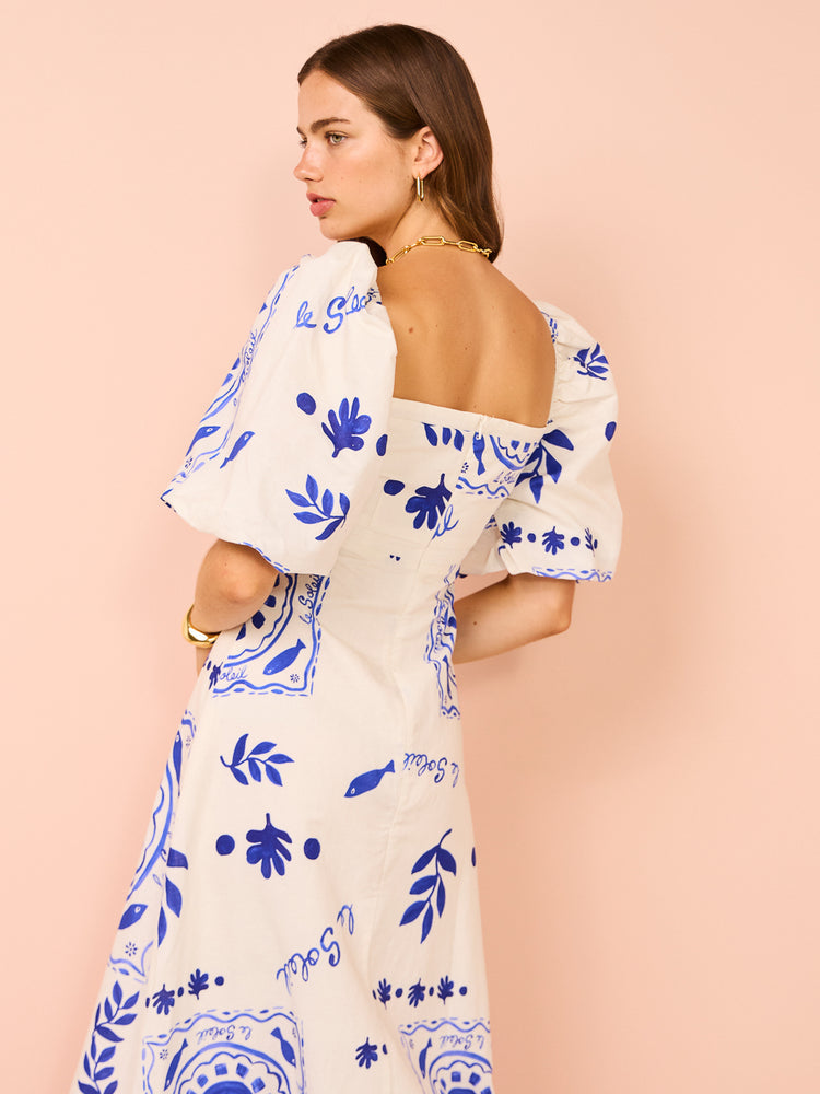 Sleeve Mediterranean-Puff Midi Dress