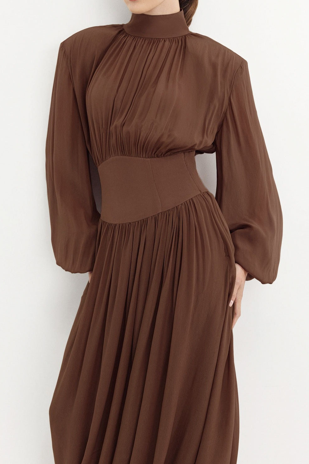 Puff Chiffon Sleeve Ruched Midi Dress