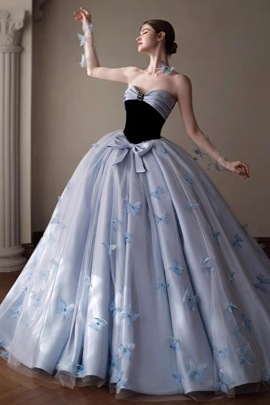 Flower Applique Strapless Ball Gown Prom Dress