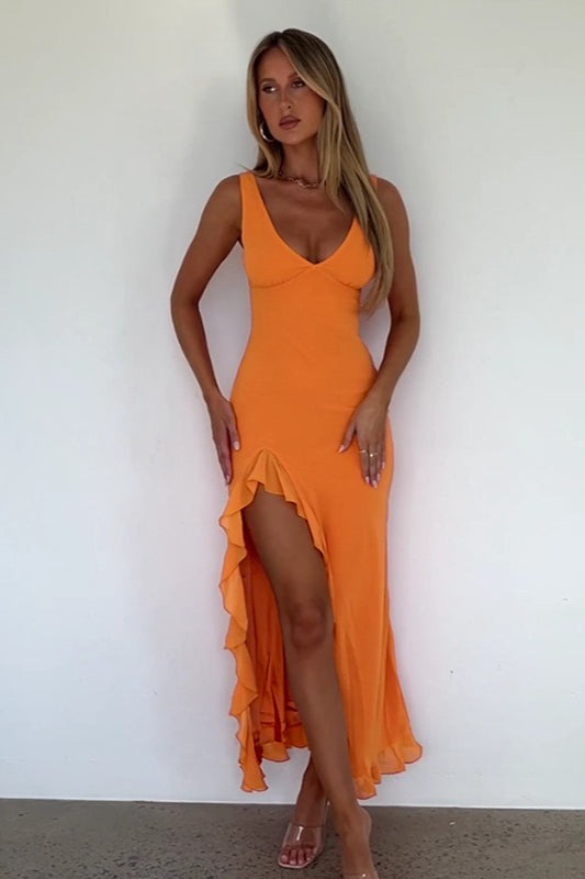 Neck V Ruffled Slit Cami Midi Dress