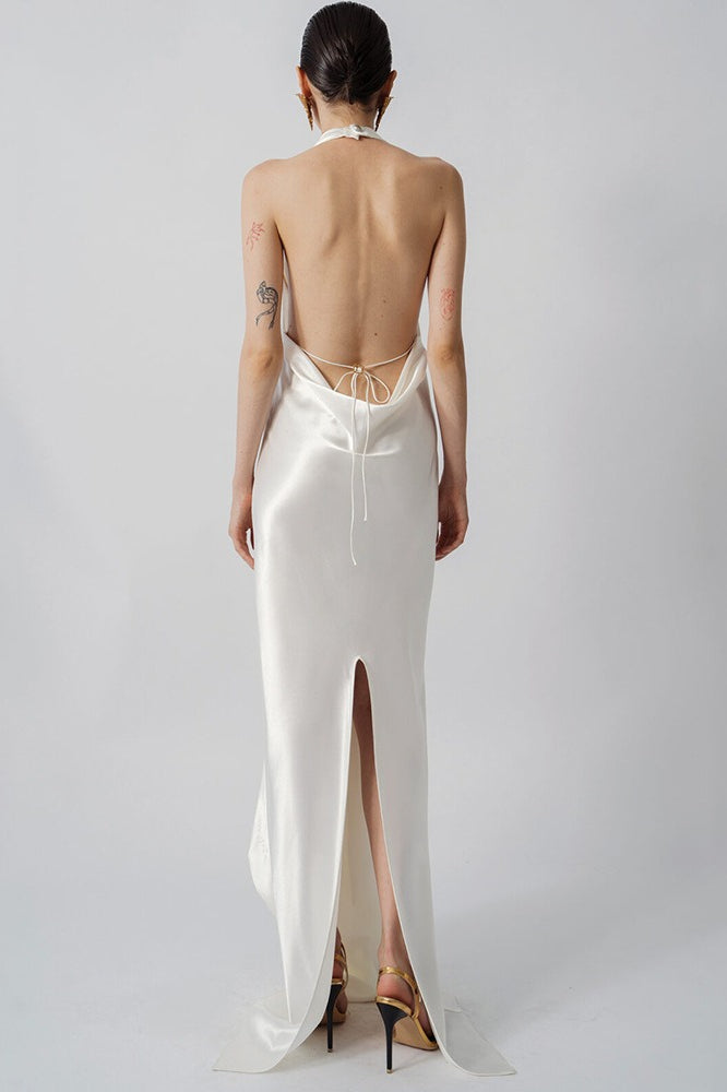 Graceful Draped Neck Backless Slit Long Prom Dress