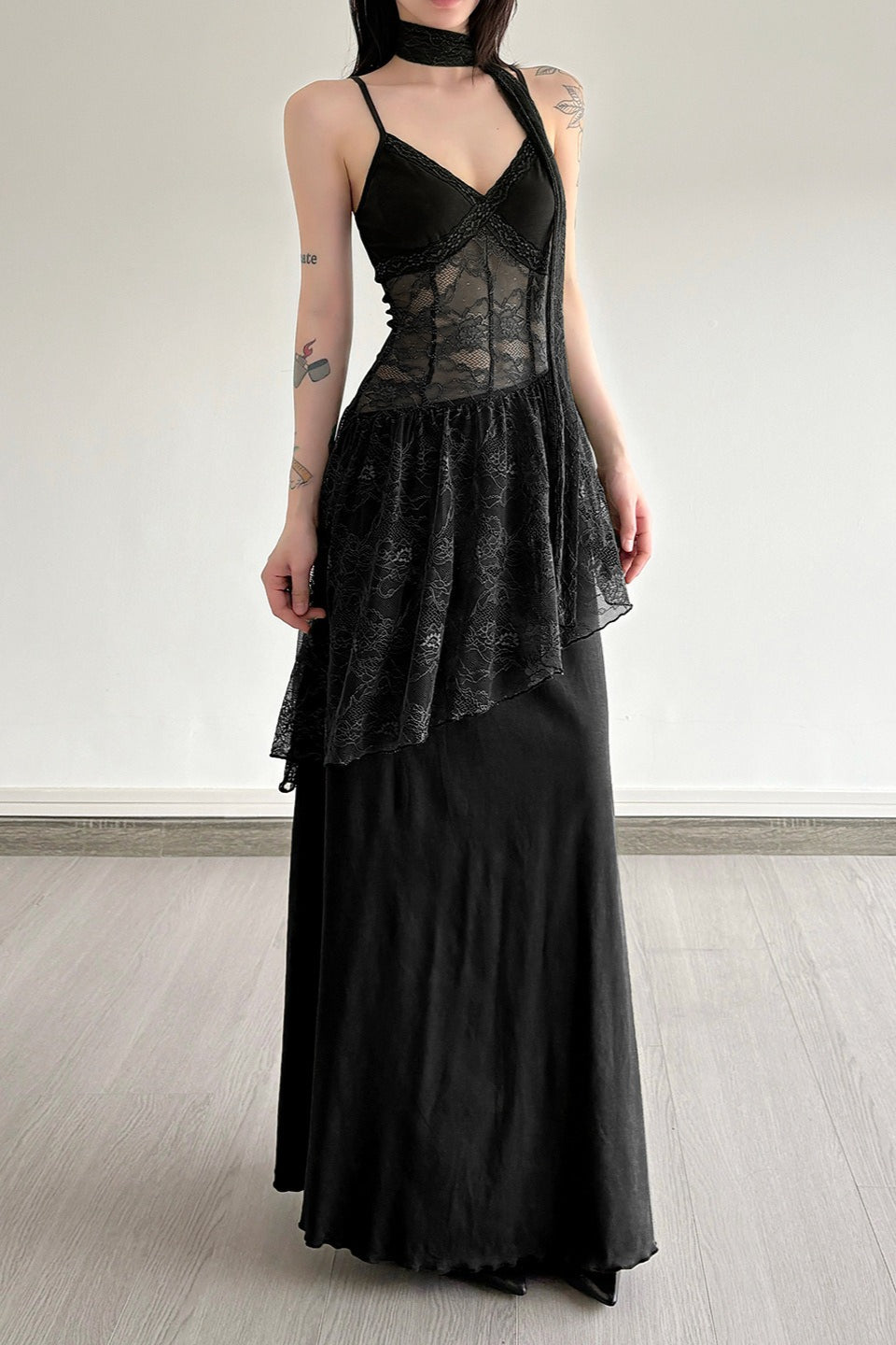 Lace Edition Trim Sheer Waist Tie Cami Maxi Lace Dress
