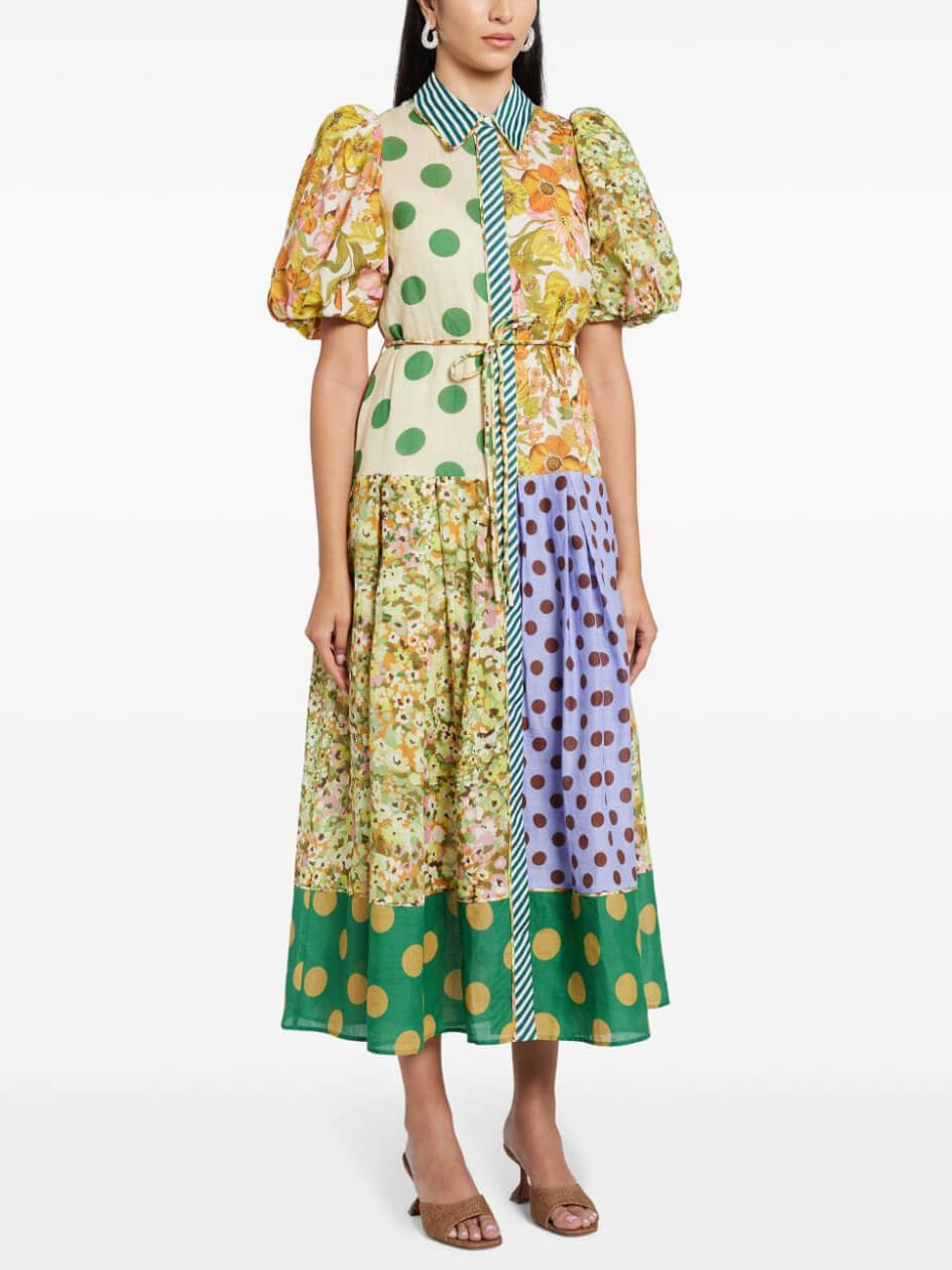Exquisite Retro Bloom Print Puff Sleeve Midi Dress