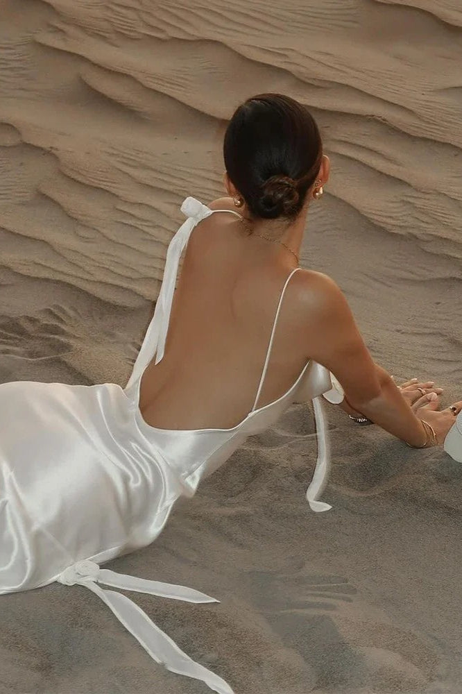 Chic White Satin Backless Maxi Dress
