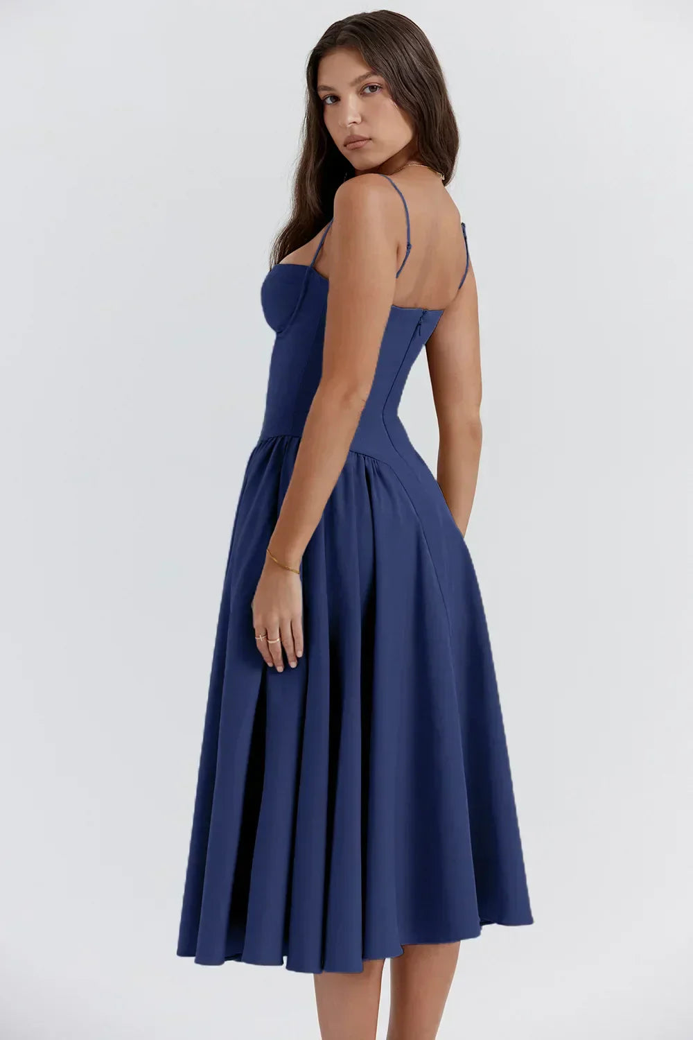 Milagros Premium Open-Shoulder Midi Dress with a Corset Fit Elevated Occasion Wear