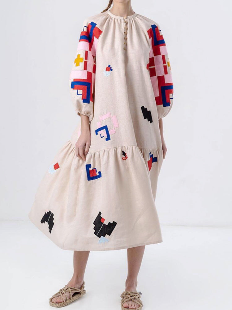 Loose Fit Printed Lantern Sleeve Relaxed Dress