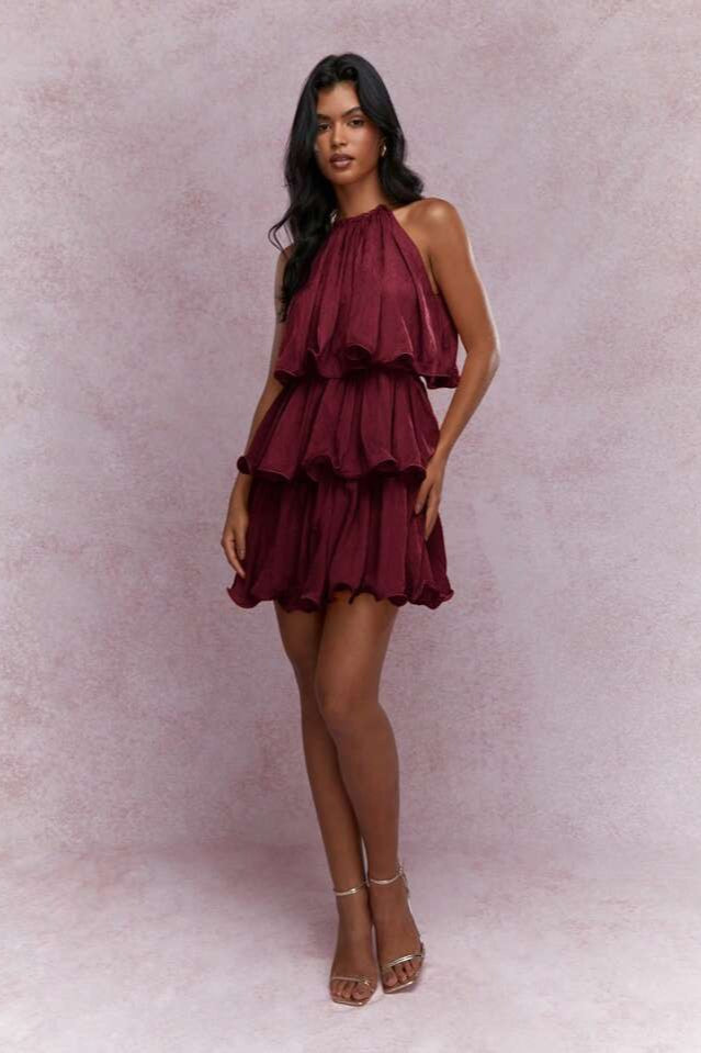 Sleeveless Halter Tiered Ruffle Vacation Dress