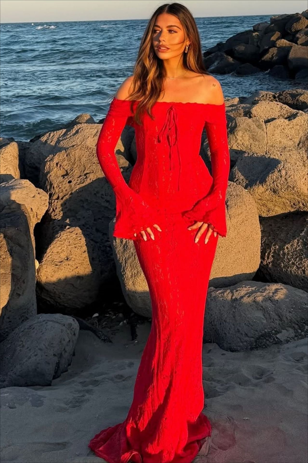 Lace Edition Bustier Bell Sleeve Maxi Dress