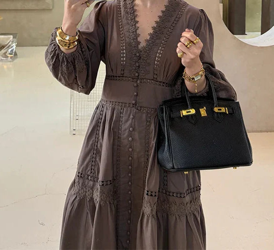 Lace Hollow Vneck Patchwork Maxi Midi Dress