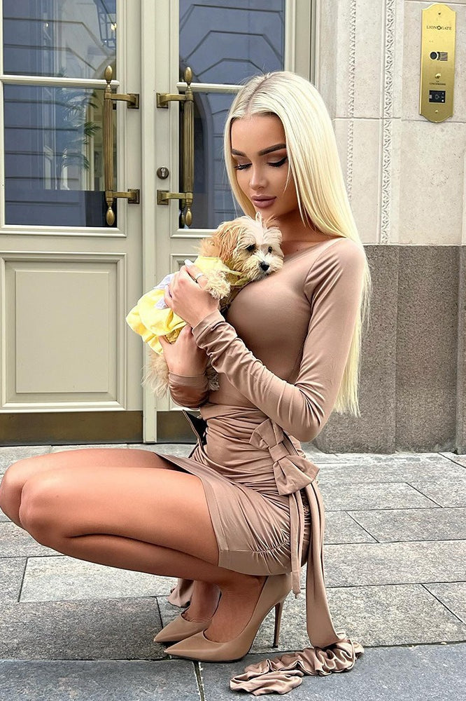 Sleeve Long Bow Ruched Midi Dress
