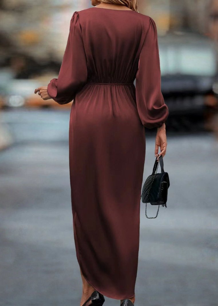 Graceful Red Draped V Neck Midi Dress