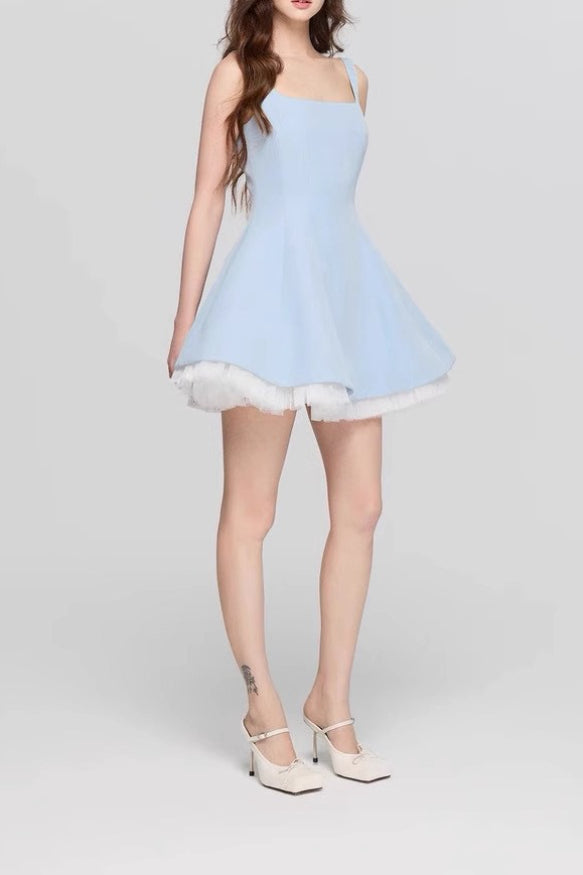 Neck Square Mesh Panel Mini Dress