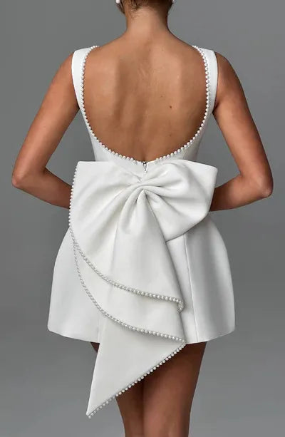 Trimmed Pearl Bow Back Mini Dress Chic Elegance