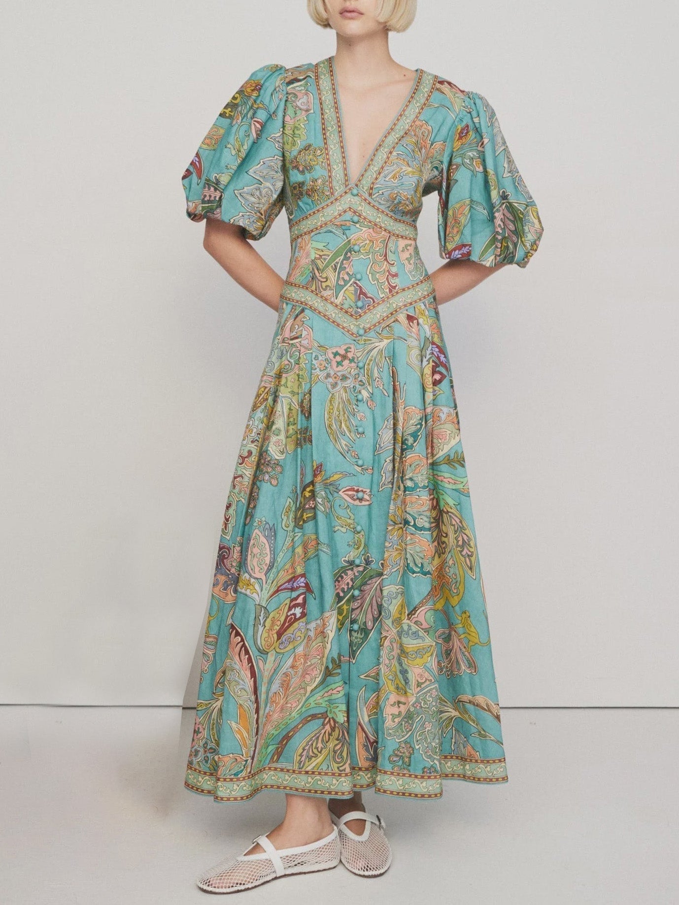 Unique Satin Vintage Bloom Print Puff Sleeve Midi Dress