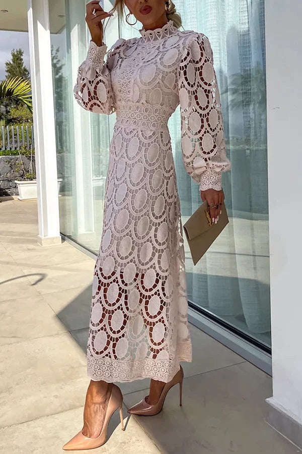 Premium Francisca Romantic, Sensual and Party Midi Dress with Crochet Lace and Lantern Sleeves Chic Silhouette Collection