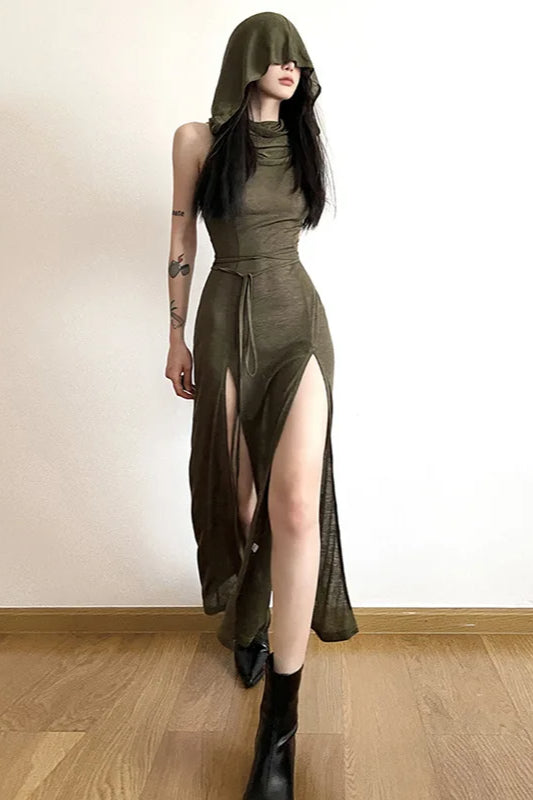 Hollow Hooded Out Midi Dress