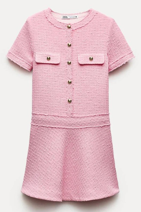 Elevated Rebekah 1960s London Girl Mini Dress in Textured Tweed with Gold Buttons and Short Sleeves and Pockets Boutique Collection