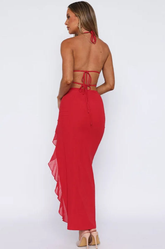 V Ruffle Neck Patchwork Midi Dress