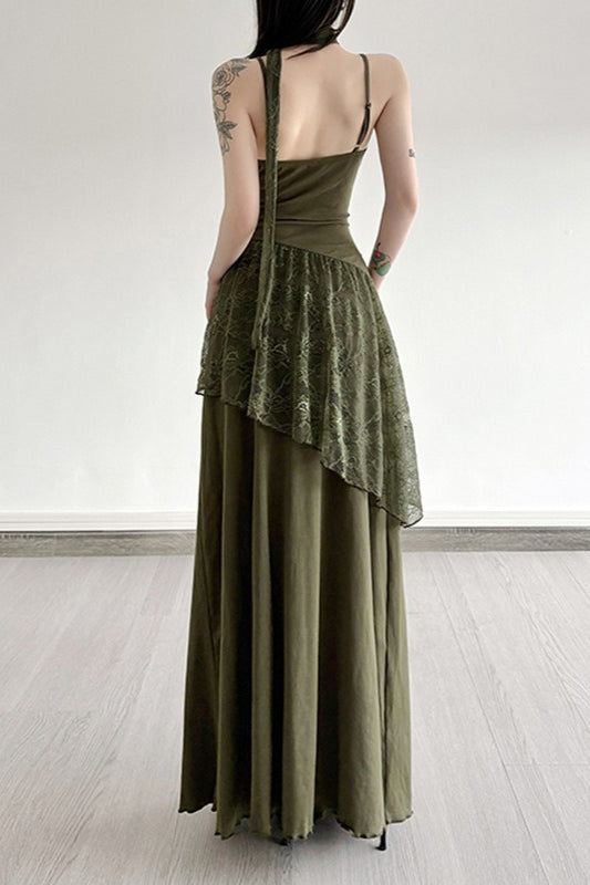 Lace Edition Trim Sheer Waist Tie Cami Maxi Lace Dress