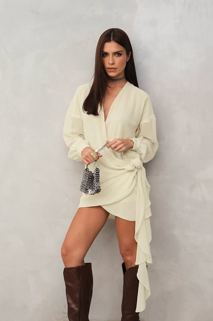 V Beige Neck Wrap Mini Dress