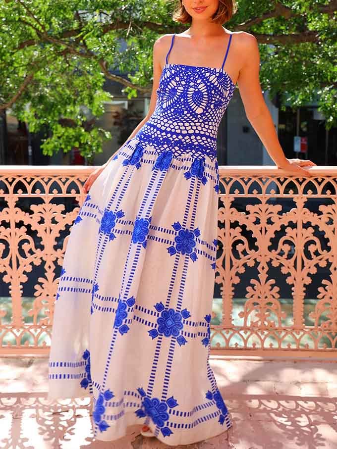 Unique Painted Crochet Bloom Print Midi Dress