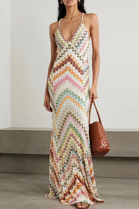 Contrast Color V neck Sleeveless Slim Maxi Dress