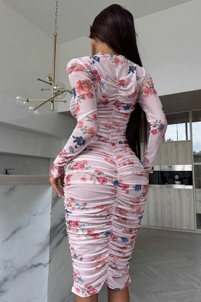 Ruched Printed Long Sleeve Midi Dress