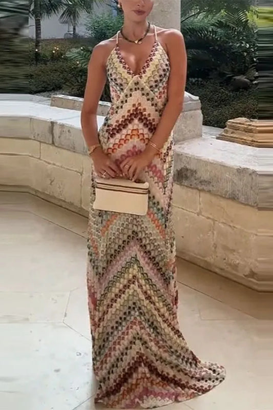 Contrast Color V neck Sleeveless Slim Maxi Dress