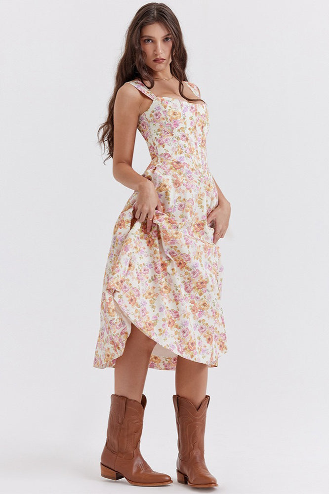 Spaghetti Strap Botanical Ruched Midi Dress