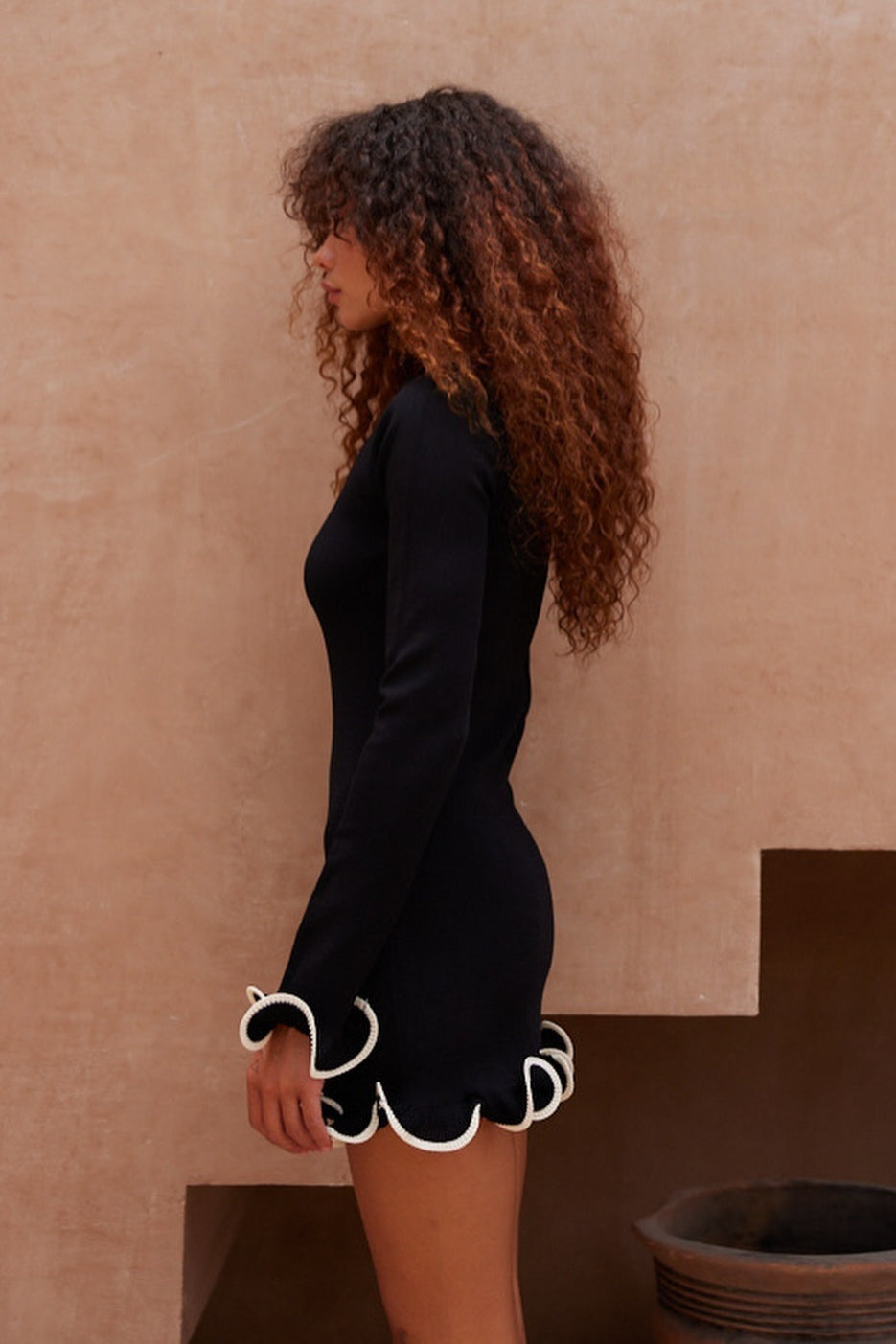 Alluring Fitted Ruffled Wave Edge Long Sleeve Mini Dress
