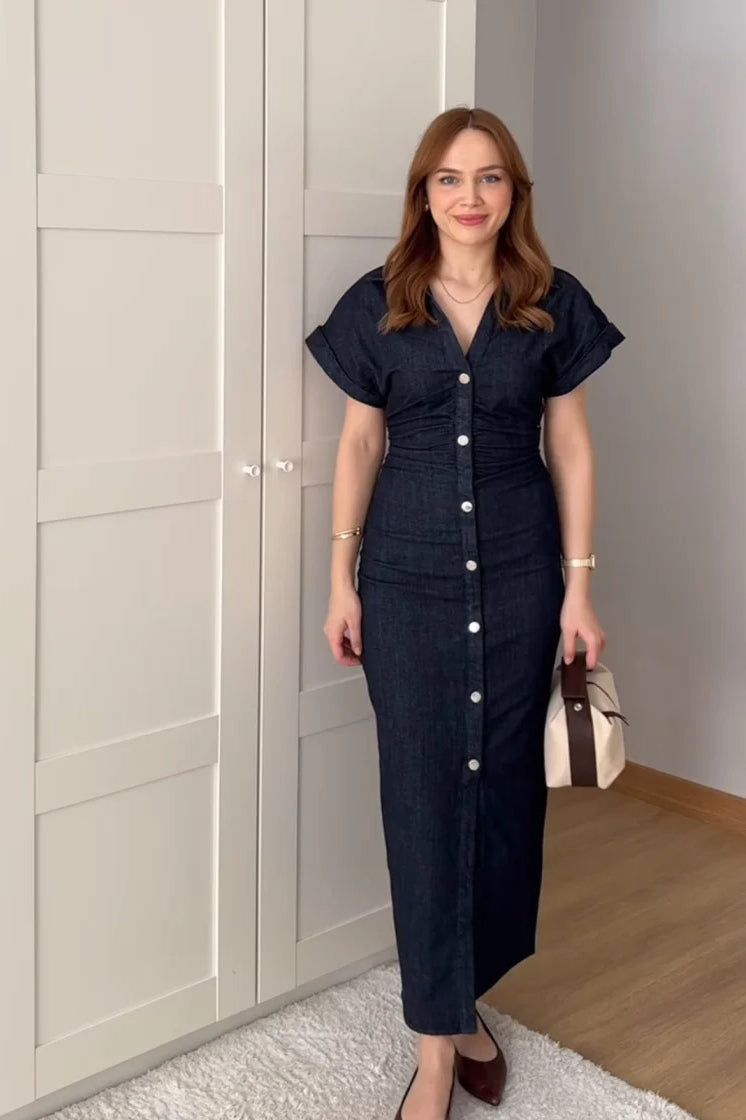 Lapel Denim Zipper Midi Dress