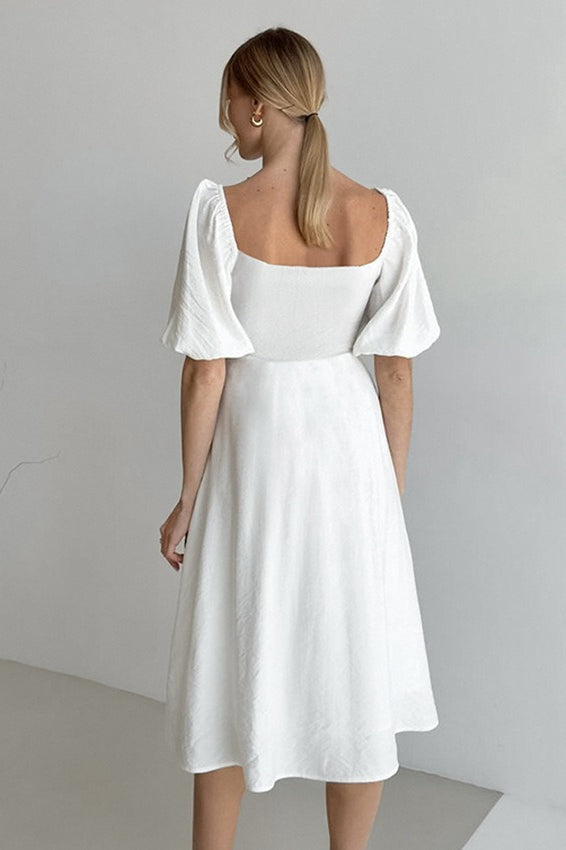 Shoulder Off Puff Sleeve Cotton Midi Dress
