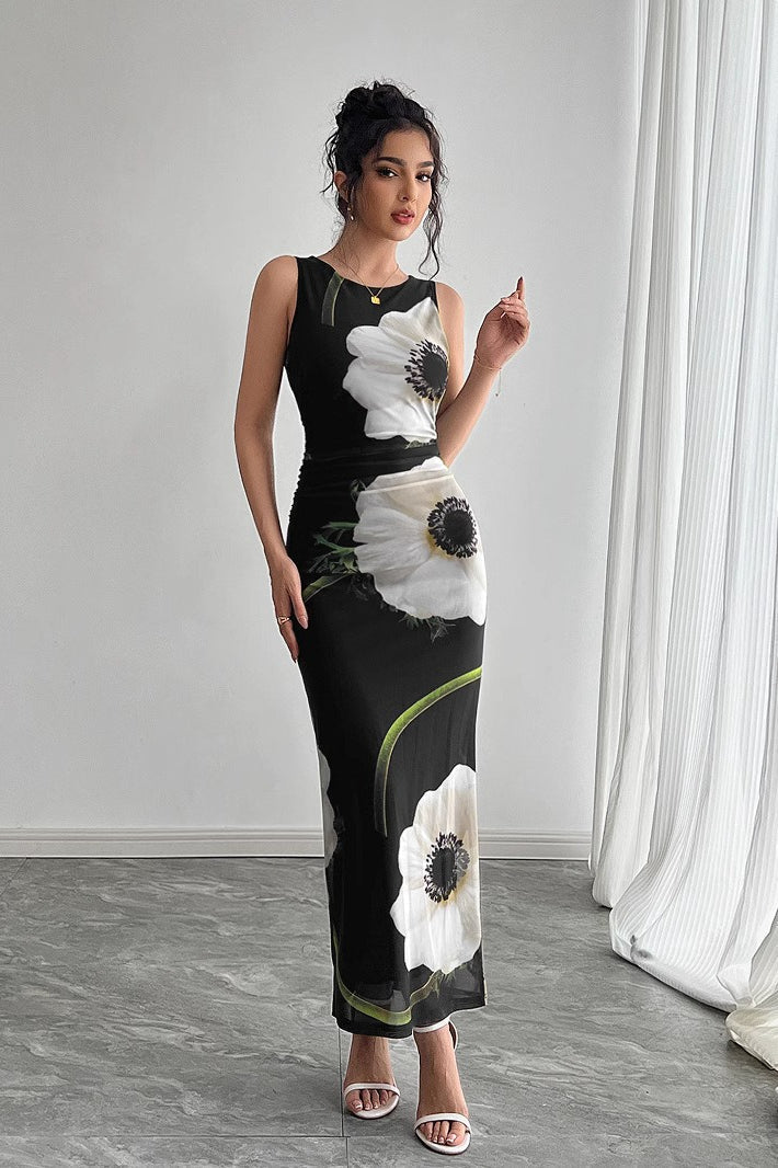 Black Mesh Printed Maxi Dress