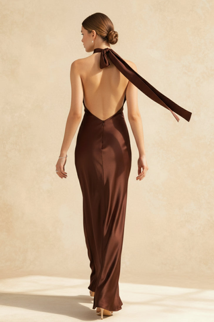 Retro Solid Satin Backless Maxi Dress