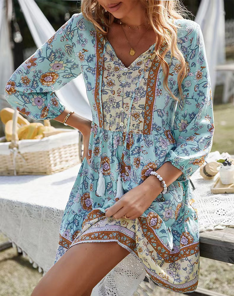 V neck Printed Laidback Bohemian Short Dress