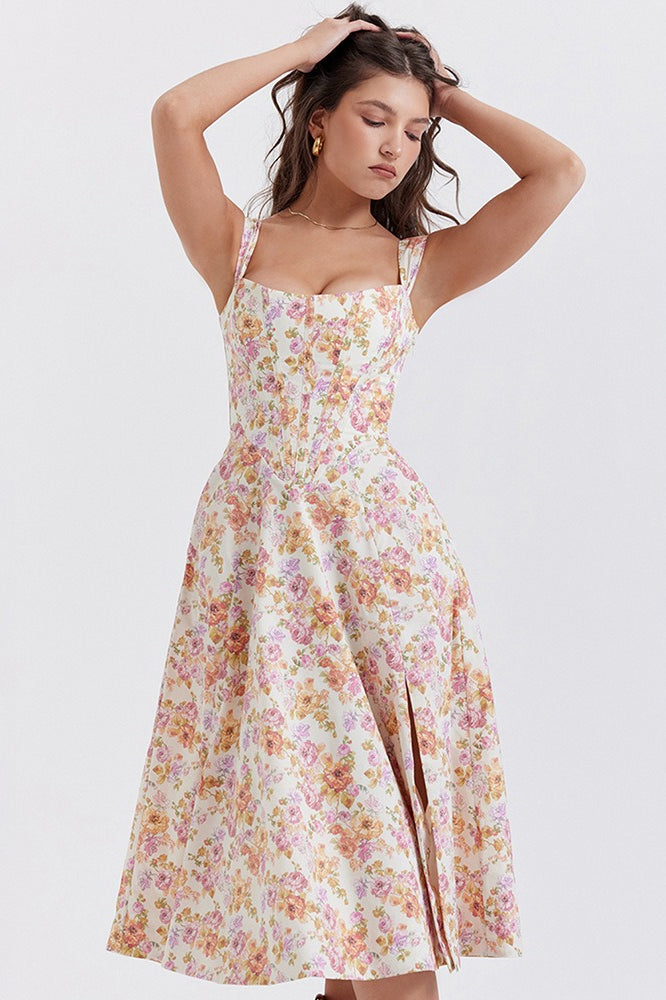 Spaghetti Strap Botanical Ruched Midi Dress