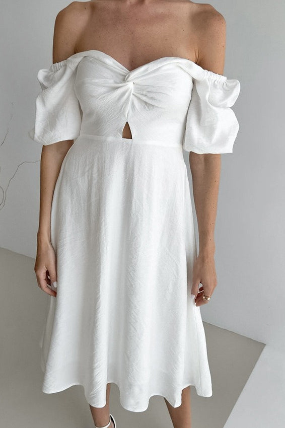 Shoulder Off Puff Sleeve Cotton Midi Dress
