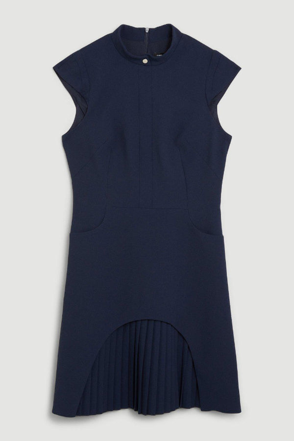 Chic Ariana Military Style Mini Dress with Cap Sleeves, Stand Up Collar and Patchwork Pleated Hem Silhouette Collection